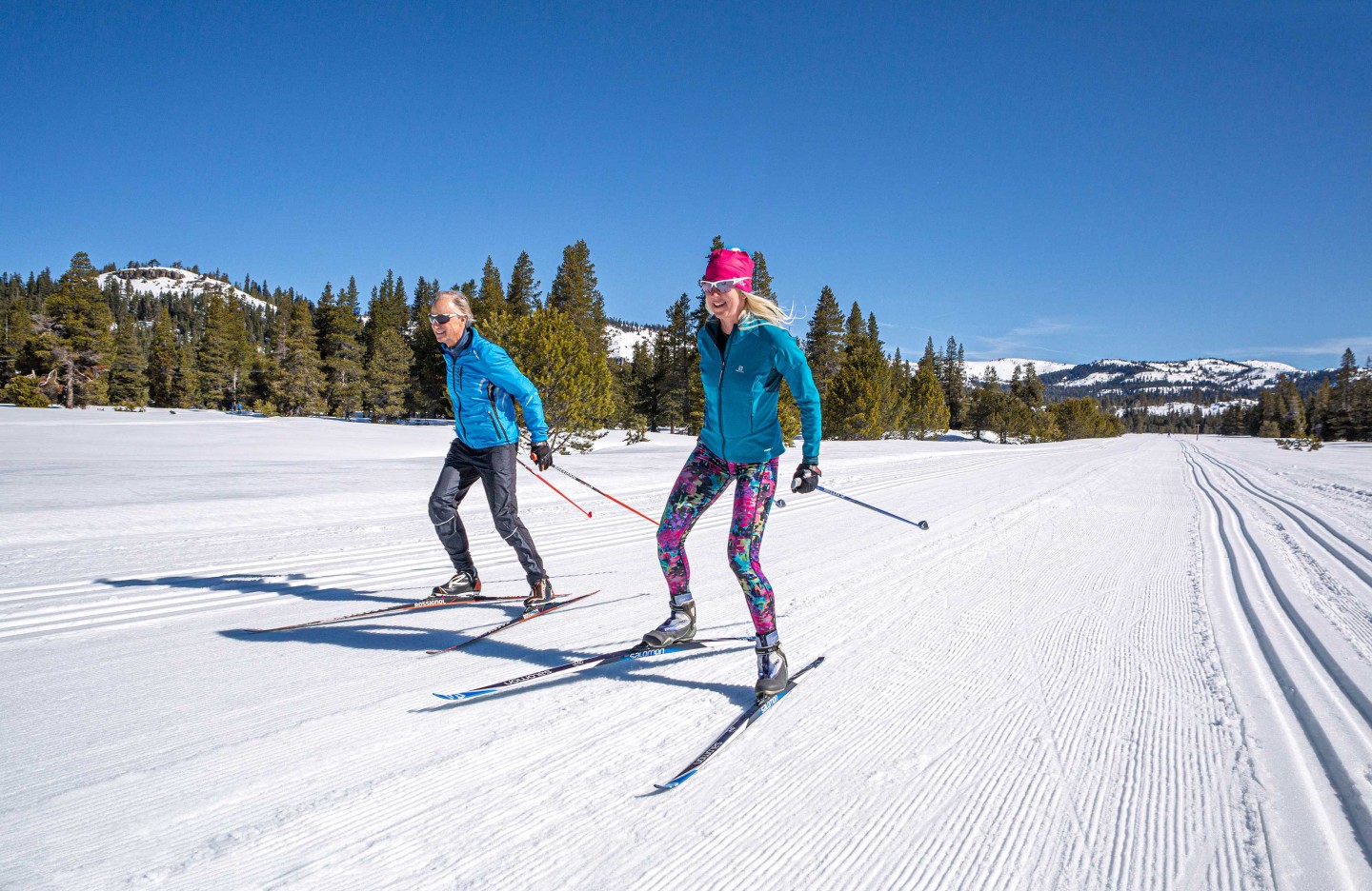XC skiers on a bluebird day