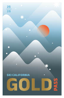 Ski pass graphic with snow-covered mountains and an orange sun.